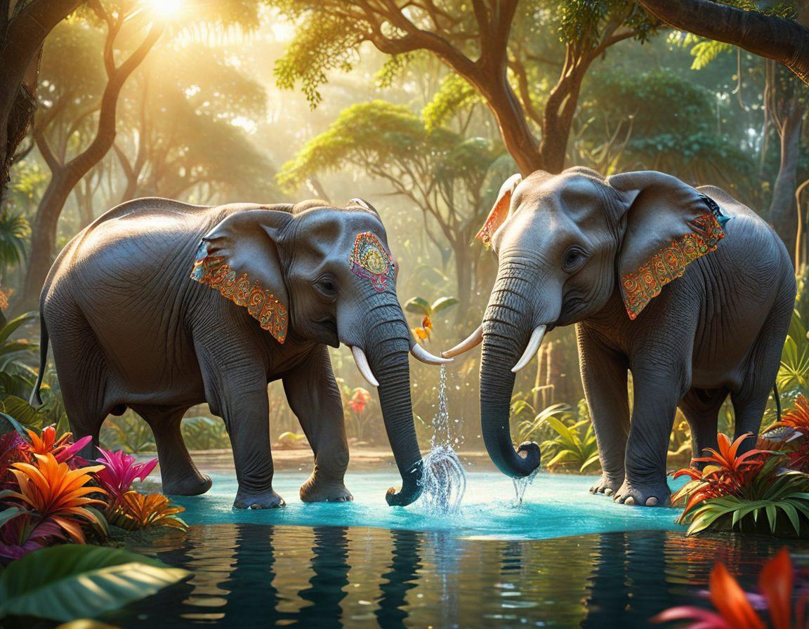 A playful and captivating scene showcasing a group of elegant elephants adorned with colorful, exotic accessories while playfully interacting in a lush jungle setting. One elephant playfully winks at the viewer, embodying charm, while another is playfully splashing water. The sunlight filters through the trees, creating a magical ambiance highlighting the quirky aspects of these magnificent creatures. vibrant colors. whimsical style. 3D.