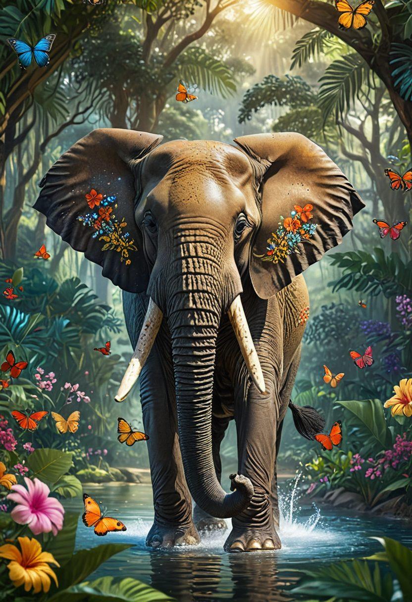 A majestic elephant playfully spraying water with its trunk amidst a vibrant jungle backdrop, surrounded by lush greenery and colorful flowers. The elephant's texture captures the charm of its skin, while the sunlight filters through the canopy, creating a warm glow. Intricate details of butterflies fluttering around add to the allure of the scene. super-realistic. vibrant colors. natural setting.