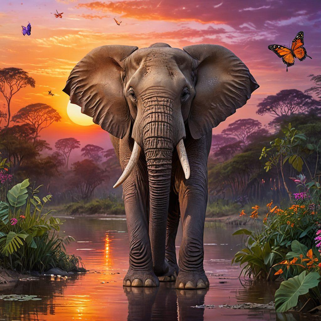 A majestic elephant standing under a vivid sunset, showing its strong yet gentle presence. Surrounding it, a lush jungle filled with exotic plants and sparkling water reflecting the colors of the sky. A touch of mystique with butterflies and soft glowing light around the elephant, emphasizing its charisma. Evocative and enchanting atmosphere. vibrant colors. super-realistic.
